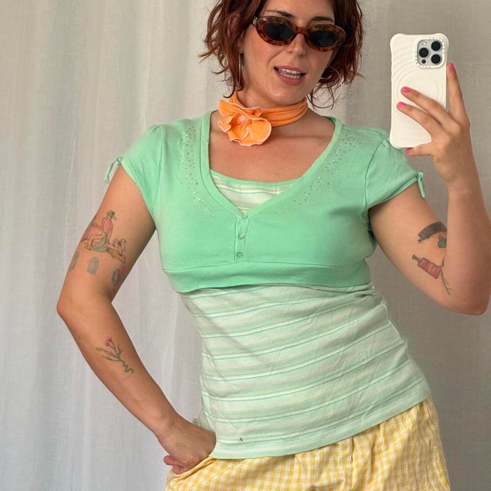 ✿ y2k rhinestone layered bolero tank top mint green striped tee ♡